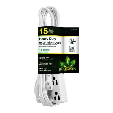 GoGreen Power,, 3 Outlet 15 Ft Extension Cord - Right Angle Plug